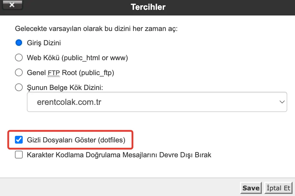 Cpanel Gizli Dosyaları Gösterme
