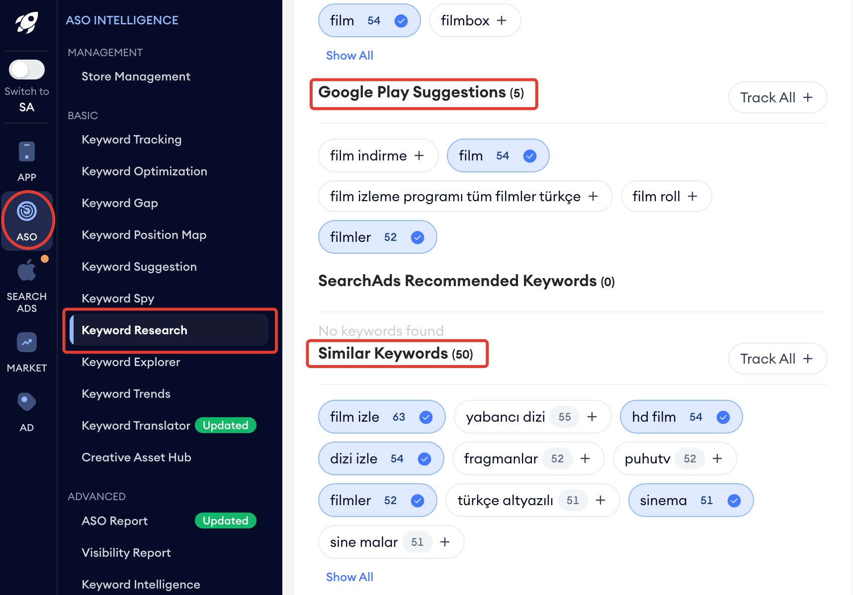 Mobile Action’da Keyword Research Ekranı